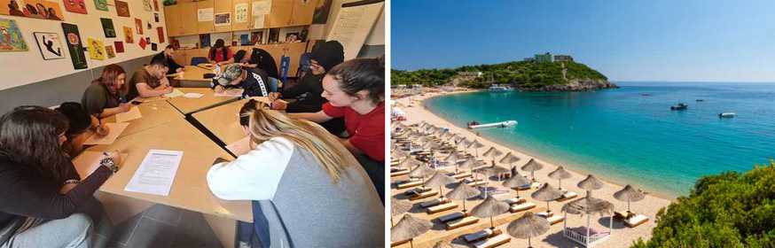 Vrijwilliger aan het werk in Albaniƫ en foto van een uitje in het weekend